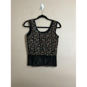 Womens Boho Cropped Tank Top Size Small Black Fringe Embroidered Floral Cottage